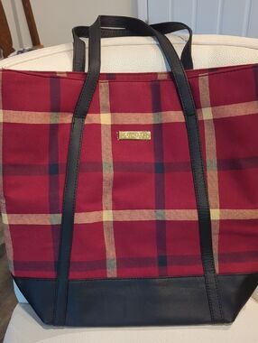 Joy & Iman Red Plaid Tote with Black Trim